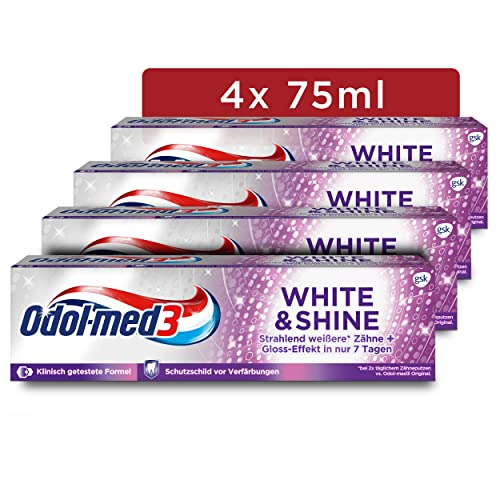 🔥 SELTEN SO GÜNSTIG (-19%) Odol-med3 Zahnpasta White and Shine, Whitening Effekt, glatte Zähne, Anti Verfärbung, Karies Schutz, Zahncreme für frischen Atem, 75 ml