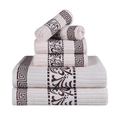 Superior Greek Pattern Decorative 6-Piece Towel Set, Absorbent Premium Cotton, Decor for Bathroom, Spa, Includes 2 Hand, 2 Face, and 2 Bath Towels, Home Essentials, Athens Collection, Ivory-Chocolate