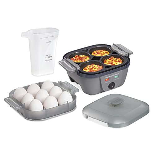 Hamilton Beach Fogão elétrico para mordidas de ovo Plus e caçador, caldeira dura com frigideira antiaderente de 13,3 cm para omeletes, mexer e fritar, cinza (25510)