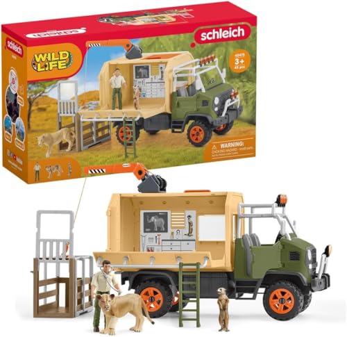 schleich WILD LIFE|Gros camion de sauvetage d’animaux42475|set de jeu réaliste avec camion,2 figurines lionne&suricate,figurine articulée de ranger et accessoires|jouet pour enfants dès 3 ans|45pièces
