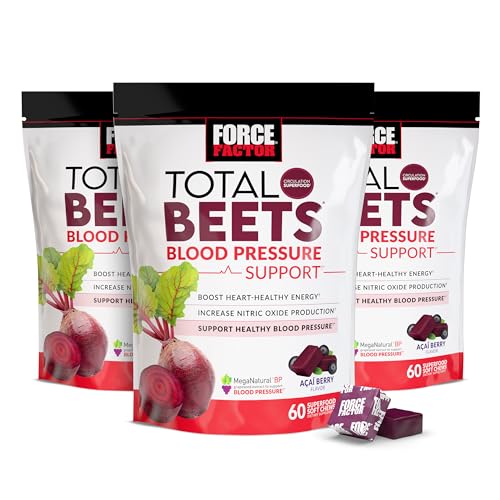Force Factor Total Beets Blood Pressure Support Supplement with Beets Powder, Great-Tasting Chewables for Heart-Healthy Energy, and Increased Nitric Oxide, 180 Chews, 3-Pack