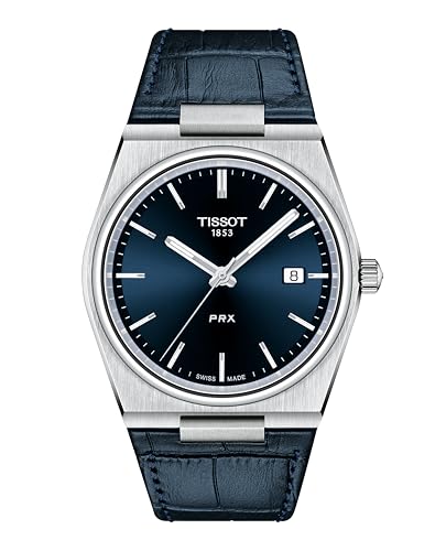 Tissot Mens PRX 316L Stainless Steel case Quartz Watch, Blue, Leather, 12 (T1374101604100)