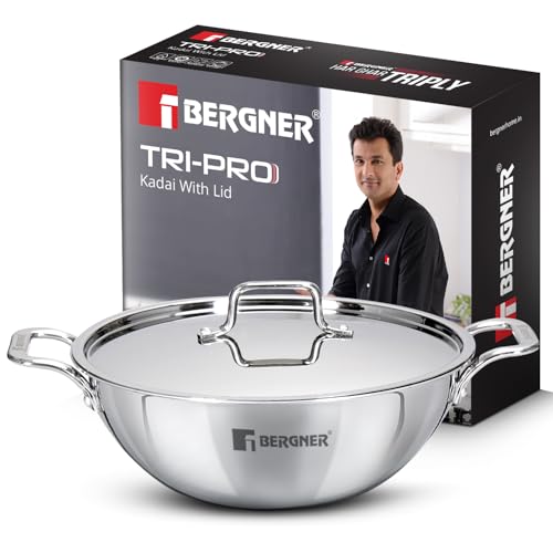 BERGNER TriPro Triply Stainless Steel 24cm (3L) Kadai with Stainless Steel Lid, Even Heat Distribution, Consumes Less Oil, Healthy Cooking, Sturdy Han
