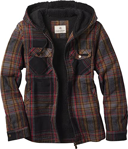 Legendary Whitetails Womens Hooded Shacket Berber Lined Shirt Jacket with Drawstring Hood, Licorice root plaid, LRG
