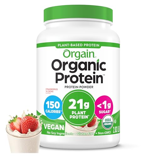 Orgain Organic Vegan Protein Powder, Strawberries & Cream - 21g of Plant Based Protein, Low Net Carbs, Gluten/ Lactose Free, No Sugar Added, Soy Free, Non-GMO, 2.03 Lb