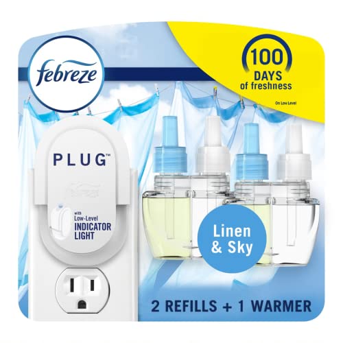 Febreze Plug in Air Fresheners, Linen & Sky Scent, Odor Eliminator for Strong Odors, 1 Warmer + 2 Oil Refills
