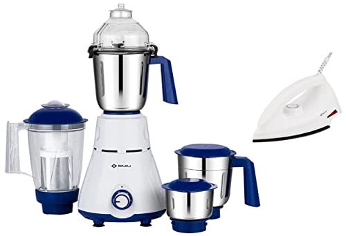 Bajaj Rex 750W Mixer Grinder, 4 Jars, White & DX-6 1000W Dry Iron & Majesty DX-11 1000W Dry Iron, Blue