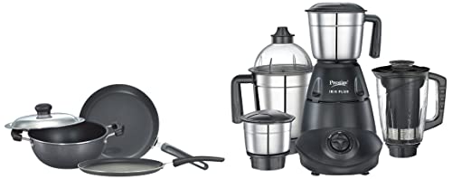 IRIS Plus 750 watt mixer grinder & Omega Select Plus Residue Free Non-Stick Kitchen Set, 3-Pieces, black/Silver, Aluminium