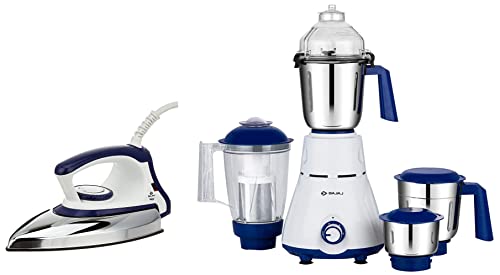 Bajaj Rex 750W Mixer Grinder with Nutri Pro Feature, 4 Jars, White & Majesty DX-11 1000W Dry Iron with Advance Soleplate and Anti-bacterial German Coa