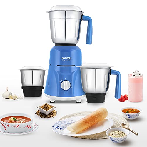 Borosil Star Mixer Grinder, For Wet/Dry Mixing & Grinding, 500 Watts, 3 Jars (400 ml Chutney Jar, 1.2 L Multipurpose Jar, 0.8 L Dry/Wet Grinding Jar),