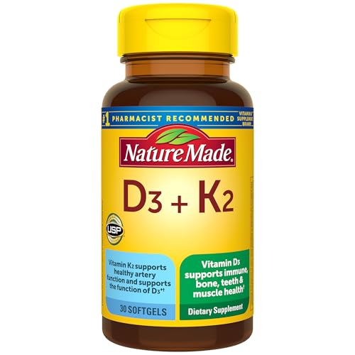 Nature Made Vitamin D3 K2 Supplement, 5000 IU (125 mcg) Vitamin D for Bone, Teeth, Muscle and Immune Support, 30 D3 and K2 Softgels, 30 Day Supply