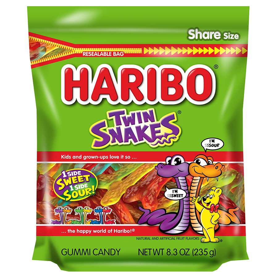 HARIBO Gummi Candy, Twin Snakes Sweet & Sour Gummy Candy, 8.3 Ounce Resealable Share Size Stand Up Bag, Soft & Chewy Snacks, Assorted Fruity Flavors