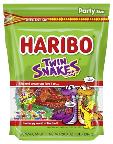 HARIBO Gummi Candy, Twin Snakes Sweet & Sour Gummy Candy, 28.8 Ounce Resealable Party Size Stand Up Bag, Soft & Chewy Snacks, Assorted Fruity Flavors