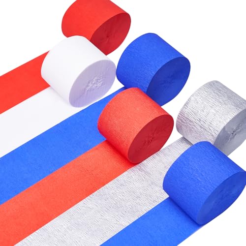 PartyWoo Patriotic Red White and Blue Crepe Paper Streamers 6pcs 492ft Pack of Red White Blue Silver Crepe Paper Streamers for Independence Day 4th of July Memorial Day USA Theme Party Decorations