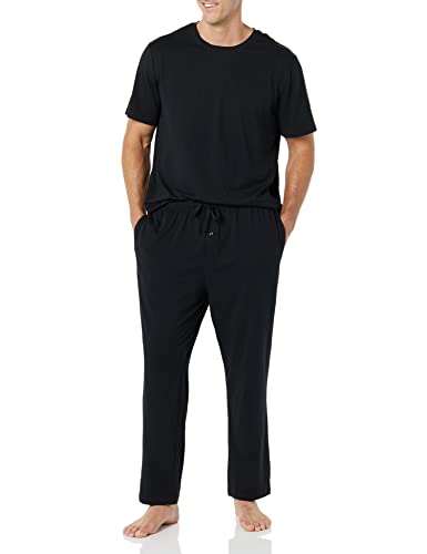 Amazon Essentials Men's Cotton Modal T-Shirt and Full-Length Bottom Pajama Set, Black, Small