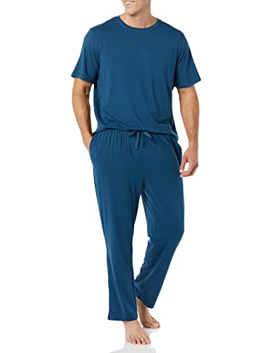 Amazon Essentials Men's Cotton Modal T-Shirt and Full-Length Bottom Pajama Set, Dark Blue, Small