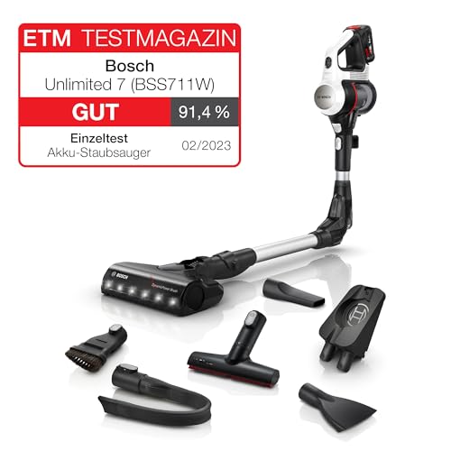 Bosch Akku-Staubsauger Unlimited 7 BSS711W, kabelloser Handstaubsauger, beutellos, Wechselakku, Knickrohr, Hygiene-Filter, 10 Jahre Motorgarantie, XXL-Polsterdü