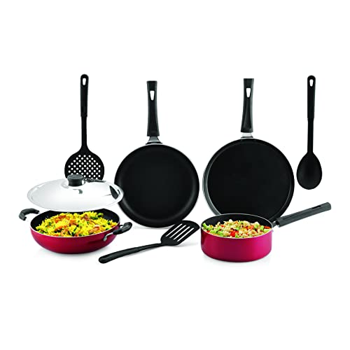 Anjali 8 pcs Cresta Nonstick Combo Kitchen Cookware Set Dosa Tawa 250mm, Fry Pan 240mm, Kadai 240mm, Steel Lid, Sauce Pan 1.6Ltr, Nylon Frying Ladle, 