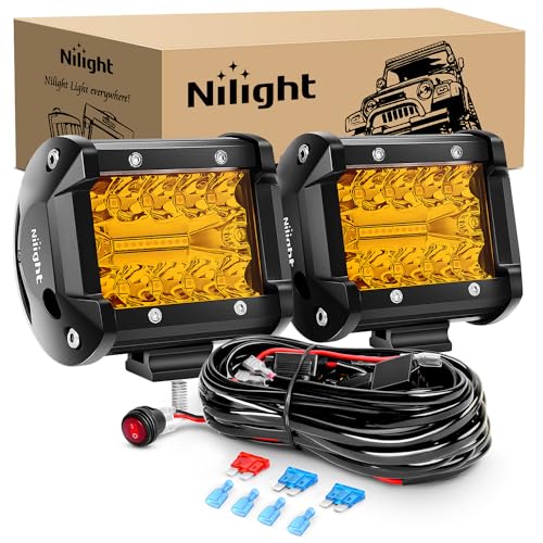 Nilight 2PC 4Inch Amber Led Pods Triple Row 60W Flood Spot Combo Driving Fog Lights with 16AWG Wiring Harness-2 Leads for Offroad Pickup Trucks Jeep ATV UTV SUV, 2 Years Warranty