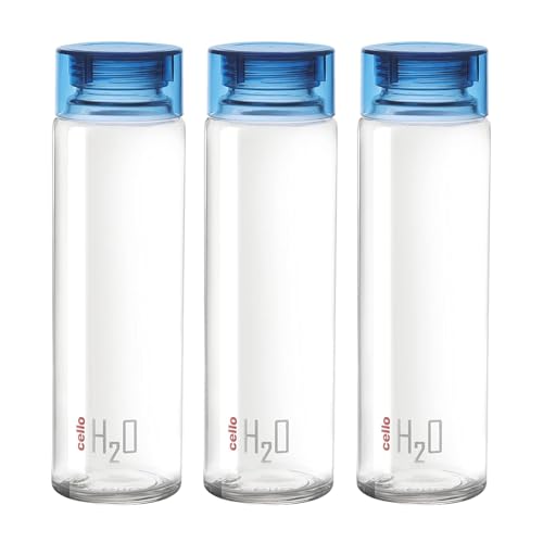 CELLO H2O Glass Water Bottle Set of 3 Pcs for Office & Daily Use 920 ml, Blue | Durable Freezable & Fridge Safe, Leakproof Wide Mouth Leadfree Toughen