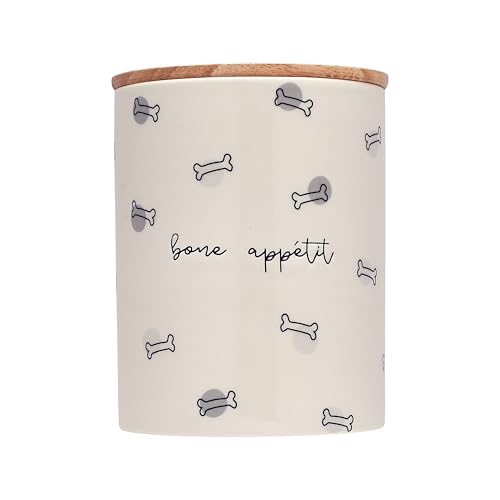 Pearhead Ceramic Bone Appétit Dog Treat Jar, Holds 4 Cups, Stoneware and Wood Canister, Neutral Pet Biscuit Storage with Airtight Freshness Seal, Dishwasher Safe