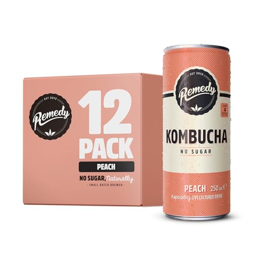 Remedy Kombucha Tea - Peach - Sparkling Live Cultured, Naturally Sugar Free Soft Drink - Prime Probiotic for Gut Health - 12 x 250ml