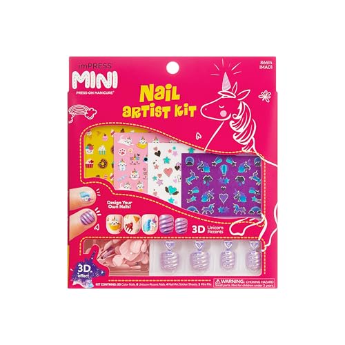 KISS imPRESS No Glue Mani Press On Nails, , 'Nail Artist Kit', Pink, Kids Size, Squoval Shape, Includes 26 Nails, 4 Sticker Sheets, 1 Mini File