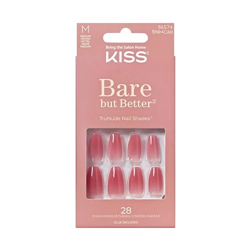 KISS Bare but Better, Press On Nails, Nail glue included, 'Nude Nude', Color, Medium Size, Coffin Shape, Includes 28 Nails, 2g glue, 1 Manicure Stick, 1 Mini File