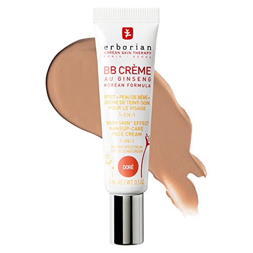 Erborian BB Cream with Ginseng, Doré (Golden/Tan) - Lightweight Buildable Coverage with SPF 20 & Ultra-Soft Matte Finish Minimizes Pores & Imperfections - Korean Face Skincare - 0.5 Oz