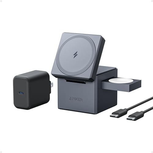 Anker MagSafe Charger Stand, iPhone 16 Wireless Charger, 3-in-1 Cube with MagSafe, 15W Foldable Fast Charging Stand, For iPhone 16/15/14/13, Apple Watch 1-8/Ultra, AirPods (30W USB-C Charger Included)