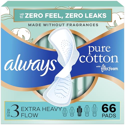 Always Pure Cotton Feminine Pads for Women, FlexFoam Pads with Wings, Size 3, Extra Heavy Flow Absorbency, Unscented, 66 Count (3 Packs of 22)