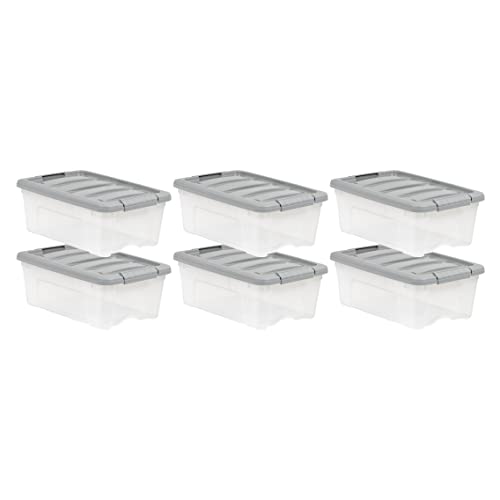 Amazon Basics Plastic Storage Containers with Secure Latching Lids, Stackable Organization Bins, Clear/Grey, 12 Quart, Set of 6