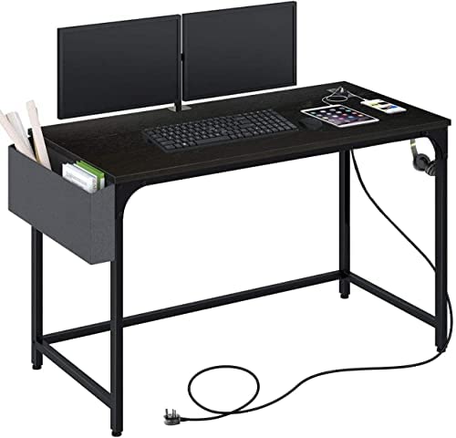 47" Computer Desk with Power Outlet, Home Office Desktop Table with USB Ports & Socket with Side Storage Bag & Iron Hooks (Black)