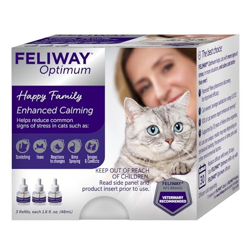 FELIWAY Optimum 3 x 30 Day Cat Calming Refills for Pheromone Diffuser, 3 x 48ml Value Pack - Helps Reduce Common Signs of Stress in Cats & Kittens, Enhanced Calming