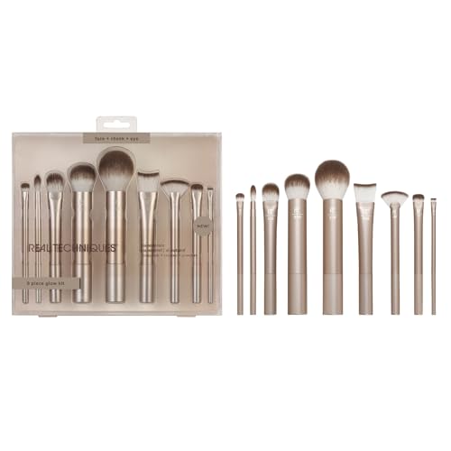 (-39%) REAL TECHNIQUES Au Naturale Makeup Brush Kit, For Foundation, Powders, and Concealers, Premium Quality Face Brushes, 9 Piece Set, Gold