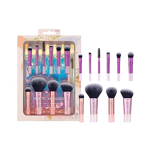 Real Techniques Travel Fantasy Mini Brush Kit, Makeup Brushes For Eyeshadow, Highlight, Contour, Powder, and Concealer, Travel-Sized Brushes and Cosmetic Bag, Synthetic Bristles, 11 Piece Set