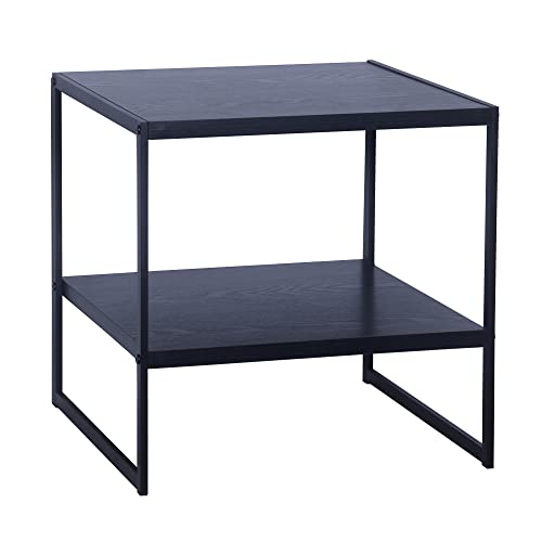 Household Essentials Jamestown Square Side End Table with Storage Shelf Black Oak Wood Grain and Black Metal