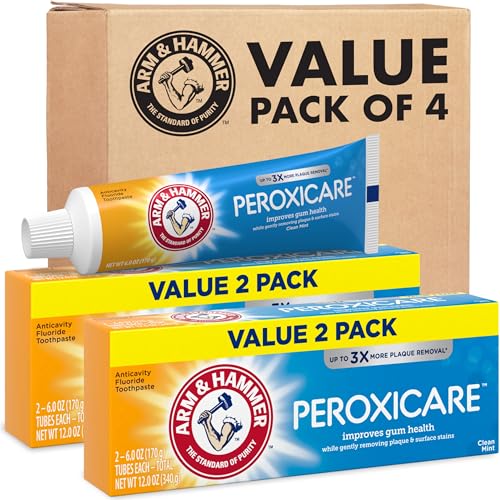 ARM & HAMMER Peroxicare Toothpaste for Gum Health, Baking Soda Toothpaste for Adults, Fluoride, Clean Mint, 6.0 oz (Pack of 4)