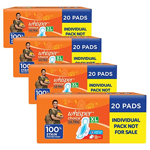 Whisper Choice Ultra Sanitary Pads,80 Xl Pads,Upto 100% Stain Protection All Day,Thin Pads With Magic Gel That Locks Liquid,Super Fast Absorption,Long