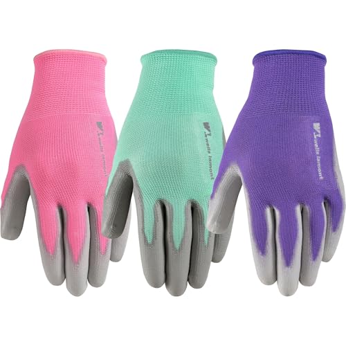 Wells Lamont Gardening Gloves for Women – Breathable Polyester, Seamless Fit – PU-Coated Palm for Grip & Durability – Elastic Wrist – Pink/Green/Purple, Medium, Pack of 3 (413MF)