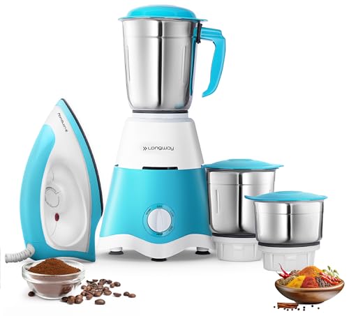 Longway Super Dlx Mixer Grinder with Kwid 1100W Dry Iron | 500 Watt Powerful Motor | 3 Jars for Grinding, Mixing, Juicing | 2 Year Warranty (Blue & Wh