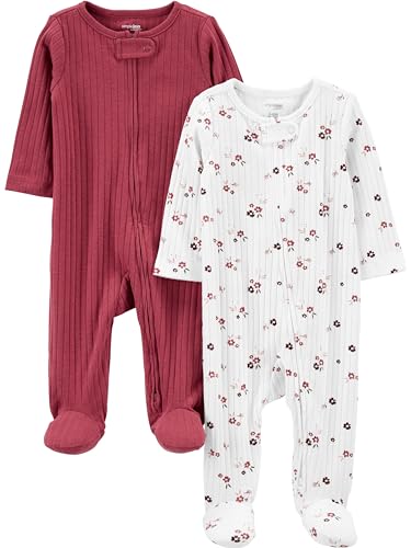 Simple Joys by Carter's Baby Girls' 2-Pack 2-Way Zip Textured Sleep and Play, Plum/Floral, 0-3 Months