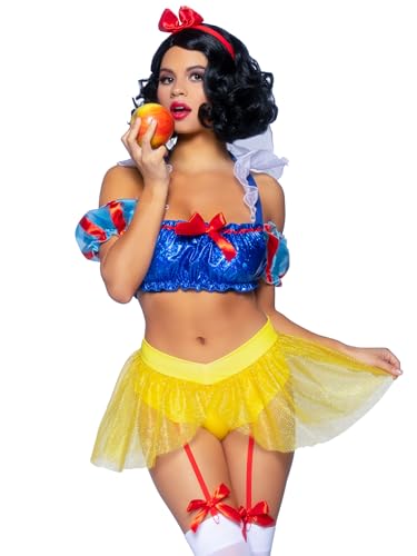 Leg Avenue 3 PC Bad Apple Snow White, includes shimmer halter bandeau with organza puff sleeves and ruffle collar, garter panty with shimmer sheer skirt, and matching bow headband., Medium