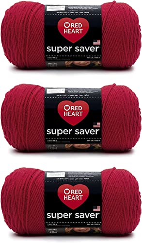 Red Heart Super Saver Cherry Red Yarn - 3 Pack of 198g/7oz - Acrylic - 4 Medium (Worsted) - 364 Yards - Knitting/Crochet