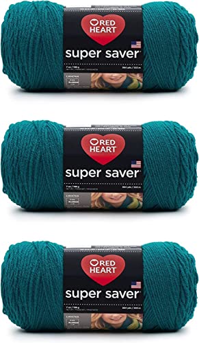 Red Heart Super Saver Real Teal Yarn - 3 Pack of 198g/7oz - Acrylic - 4 Medium (Worsted) - 364 Yards - Knitting/Crochet