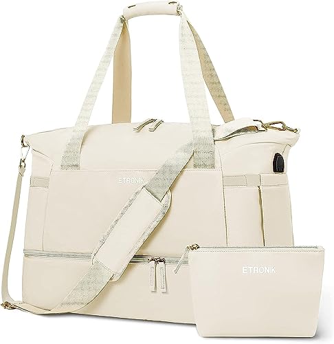 ETRONIK Gym Bag for Women, Personal Item Travel Bag with Shoes Compartment, Weekender Overnight Duffel Bag with Wet Pocket & USB Charging Port, Carry On Bag for Women, Travel, Gym, Weekend (Beige)