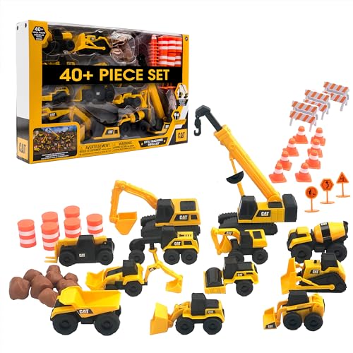 CAT Construction Toys, Little Machines Mega Set – 40+ Pieces with XL Crane & Excavator, 10 Mini Vehicles, Road Signs, Cones, Boulders & Barricades, Indoor/Outdoor STEM Toy for Kids Ages 3 +