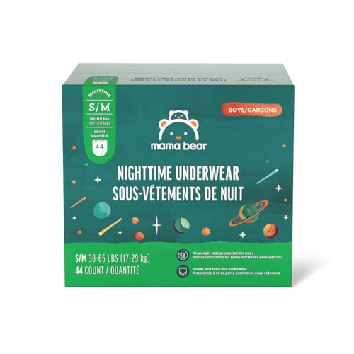 Amazon Brand - Mama Bear Boy's Nighttime Underwear for Bedwetting, Overnight Protection, Hypoallergenic, Size S/M (38-65 lbs), 44 Count, White