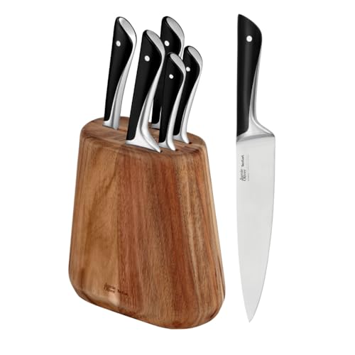 (-63%) Jamie Oliver by Tefal 5-teiliges Küchenmesser-Set + Block, Koch-/Santoku-/Brot-/Universal-/Schälmesser, eisgehärtet, deutsche Edelstahlklingen, Akazienholz-Block, Braun, K267S556