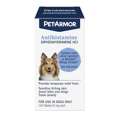 PetArmor Antihistamine Allergy Relief for Dogs, Easy-to-Use Allergy Medicine for Dogs, Anti-Itch Medicine Provides Relief from Insect Bites, and Stings, 100 Tablets